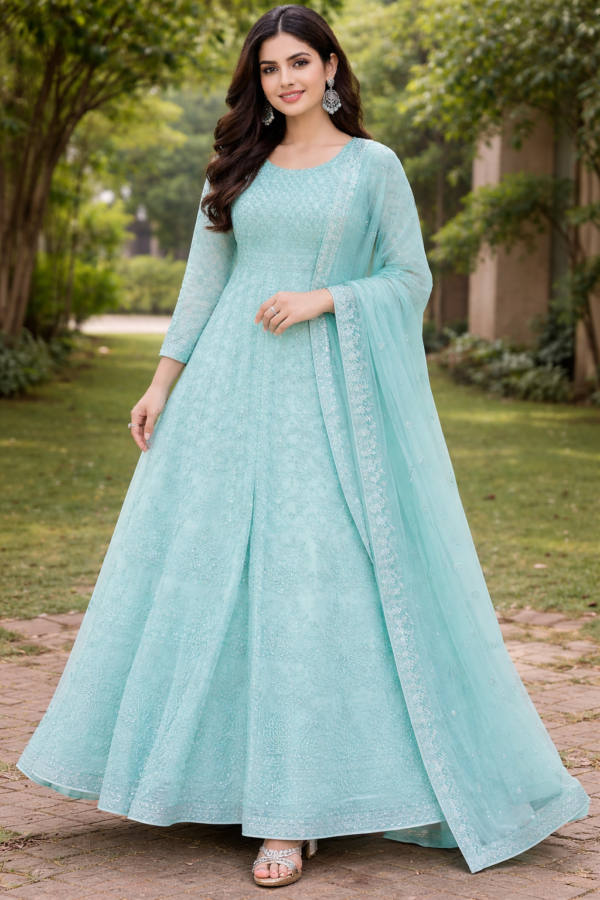 Elegant South Asian woman in Anarkali gown Aqua Elegance