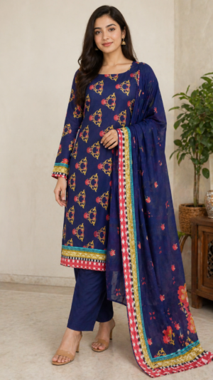 Navy Royale Printed Lawn Suit (Unstitched 3-Piece Suit)