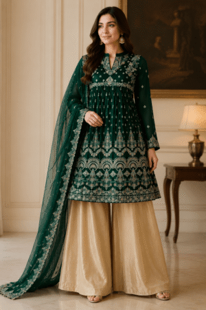 green maxi 1 (1) “Zehra – Chiffon Frock with Mehsuri Plazo” (Semi - Stitched)