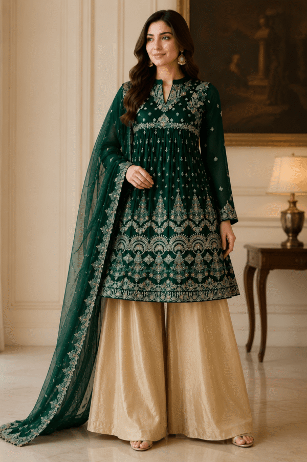 “Zehra – Chiffon Frock with Mehsuri Plazo” (Semi - Stitched)