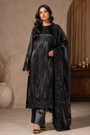 sheesha silk black 1 Mehr-e-Noor Sequin Sheesha Silk Suit (Unstitched)
