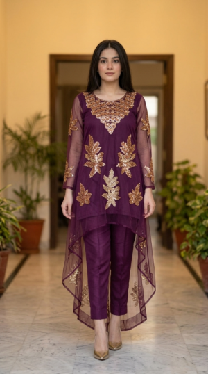 Zareen – Plum Gold Embroidered Suit