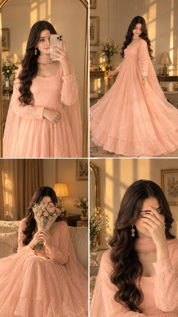 Golden Light, Peach Gown Moments Peach Blossom Net Anarkali Frock