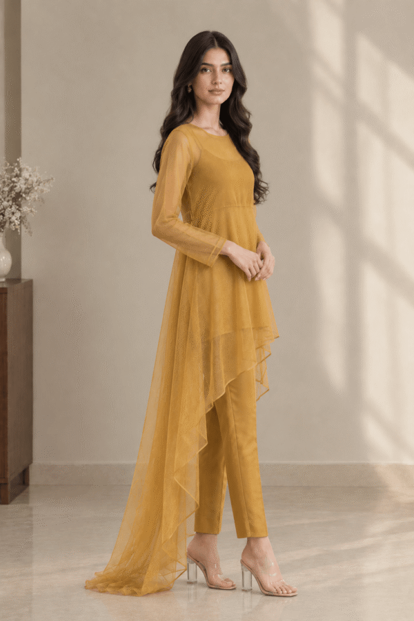Mustard Sheer Ensemble in Soft Studio Light (1) Mustard Gold Grace