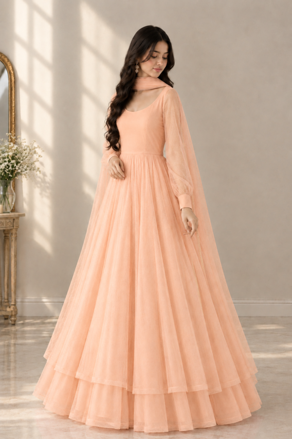 Peach Gown in Sunlit Elegance Peach Blossom Net Anarkali Frock