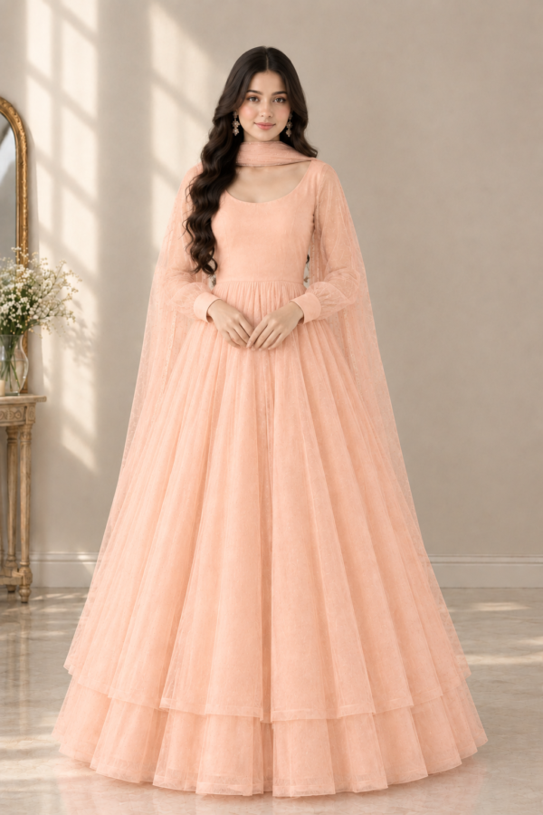 Peach Tulle Gown Portrait Peach Blossom Net Anarkali Frock